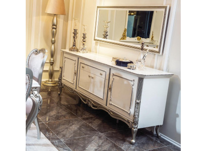 Sideboard Weiß Silber Anrichte Konsolen Kommode Italienischer Stil 2tlg. Spiegel