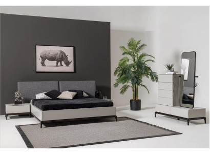 Modernes schwarz-weißes Schlafzimmer-Set (Bett, zwei Nachttische, Kommode mit Spiegel)