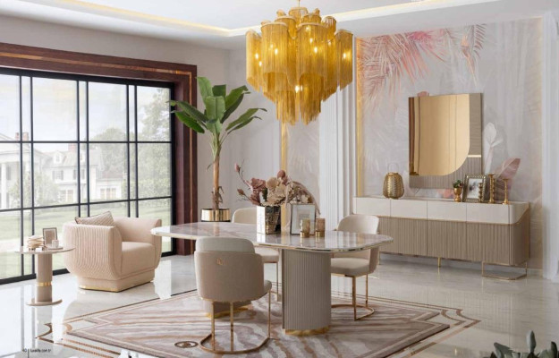 Luxus Designen Esszimmer Set Esstisch 4x Stühle Sideboard Spiegel Möbel