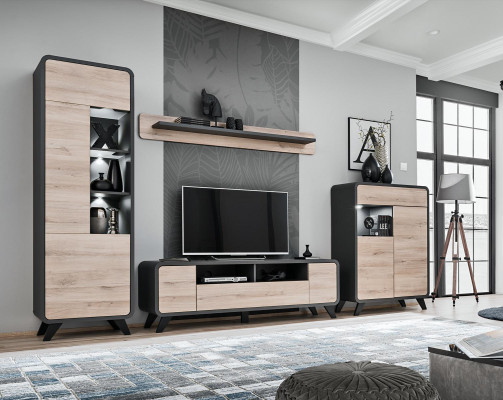 Wohnzimmer Set Wandregal TV-Ständer Holzmöbel 2x Vitrine Wohnwand Neu