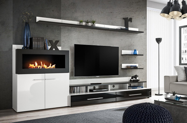 Wohnwand TV-Ständer Kommode mit eingebautem Kamin Designer Möbel Moderne