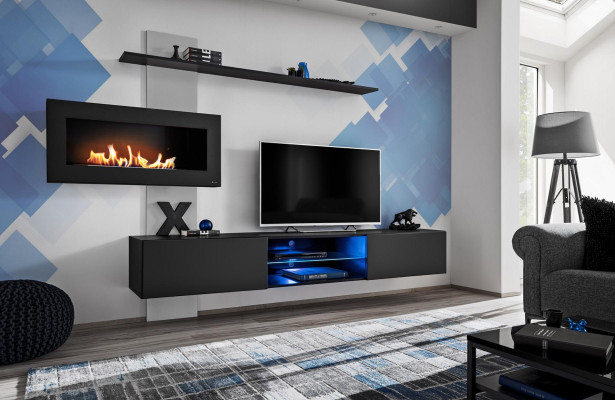 Schwarz Wohnwand mit Kamin Wohnzimmer Designer Modern Möbel TV Ständer