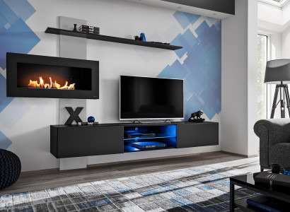 Schwarz Wohnwand mit Kamin Wohnzimmer Designer Modern Möbel TV Ständer