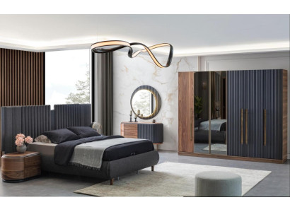 Schwarz-Beige Schlafzimmer Garnitur Designer Doppelbett 2x Nachttische