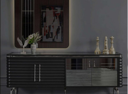 Stilvolle Esszimmer Garnitur Luxus Schwarzes Sideboard Spiegel Holzmöbel