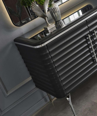 Stilvolle Esszimmer Garnitur Luxus Schwarzes Sideboard Spiegel Holzmöbel