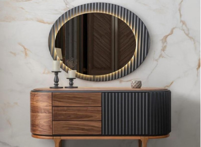 Braune Kommode Mit Schubladen LED-Spiegel Designer Schlafzimmer Garnitur