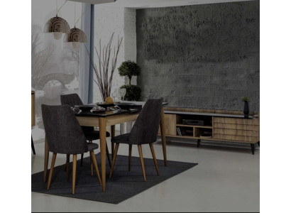 Esszimmer Gruppe Designer Brauner Esstisch 4x Schwarze Polsterstühle