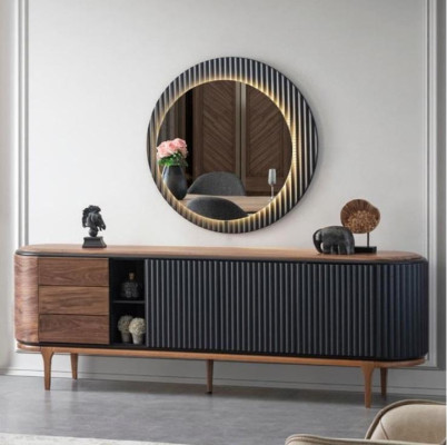 Stilvolle Garnitur Designer Braunes Sideboard Rundspiegel 2tlg Holz Set