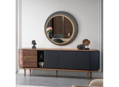 Stilvolle Garnitur Designer Braunes Sideboard Rundspiegel 2tlg Holz Set