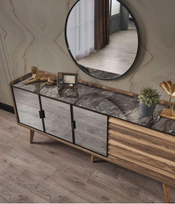 Braunes Esszimmer Set Stilvolles Sideboard Rundspiegel Holzmöbel 2tlg