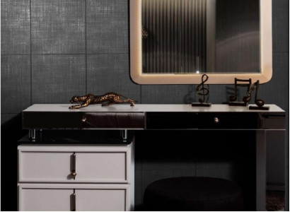 Weißer Schminktisch Designer Rechteckiger Spiegel Polsterhocker 3tlg Set