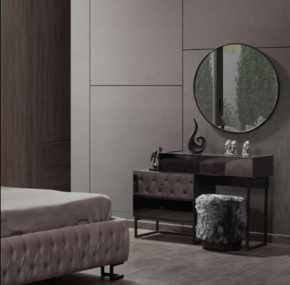 Designer Grauer Schminktisch Rundspiegel Polsterhocker Luxus 3tlg Set