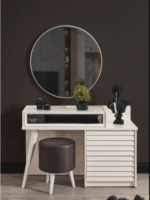 Weißer Schminktisch mit Schubladen Rundsessel Konsole Luxus Polsterhocker 3tlg