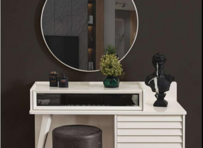 Weißer Schminktisch mit Schubladen Rundsessel Konsole Luxus Polsterhocker 3tlg