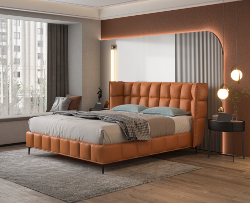 Oranges Doppelbett Schlafzimmer Möbel Textilbetten Holzgestell Stilvoll
