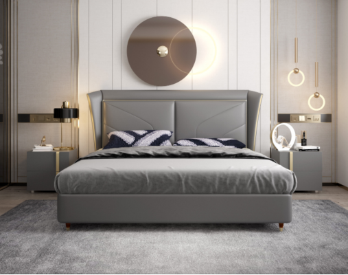 Graues Schlafzimmer Doppelbett Designer Betten Holzgestell Lederbetten