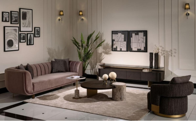 Wohnzimmer Garnitur Sofa Sessel Braun Stoff Couchtische Set 5tlg RTV