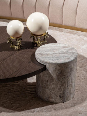 Wohnzimmer Garnitur Sofa Sessel Braun Stoff Couchtische Set 5tlg RTV