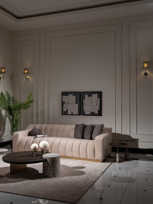 Garnitur Wohnzimmer Dreisitzer Couchtische 4tlg Stoffsofa Beige Holz