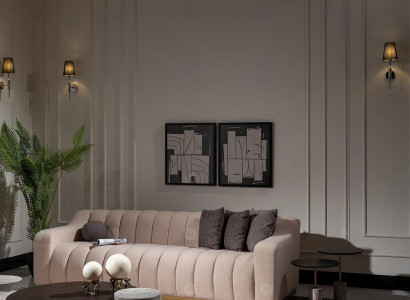 Garnitur Wohnzimmer Dreisitzer Couchtische 4tlg Stoffsofa Beige Holz