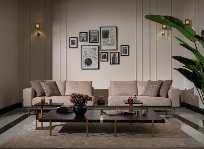 Wohnzimmer Gruppe Sofa Couchtische 4tlg Stoffsofa Beige Holz Moderne