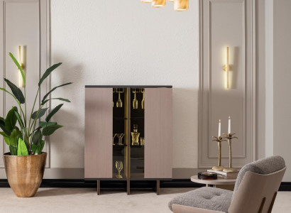 Barschrank Gruppe Vitrine Sessel Holz Beige Schrank Wohnzimmer 2tlg