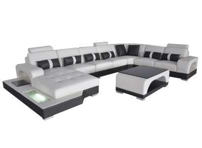 Leder Sofa mit USB Moderne Sitz Couch Polster Eck Couchen Wohnlandschaft + Tisch