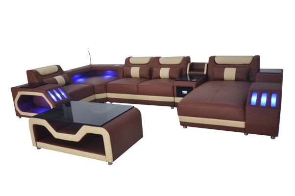 Leder Sofa Couch Polster Eck Garnitur Moderne Wohnlandschaft Tisch + USB + LED