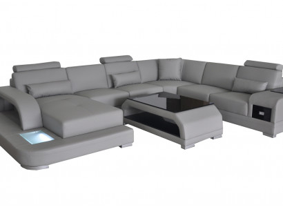 Ledersofa Wohnlandschaft Ecksofa Sitzecke Sitzgarnitur Sofa Couch + USB + Tisch