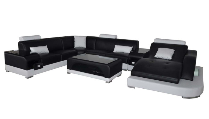 Leder Sofa mit USB Moderne Sitz Couch Polster Design Eck Couchen + Tisch + Lich