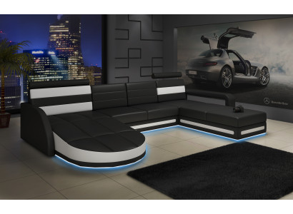 XXL WOHNLANDSCHAFT COUCH GARNITUR DESIGN ECKCOUCH Schwarz LEDERSOFA mit USB Neu