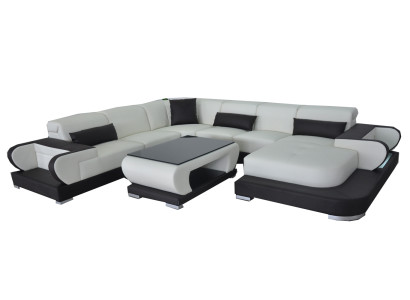 Couch Ecksofa mit USB Leder Wohnlandschaft Garnitur Design Modern Sofa +Tisch