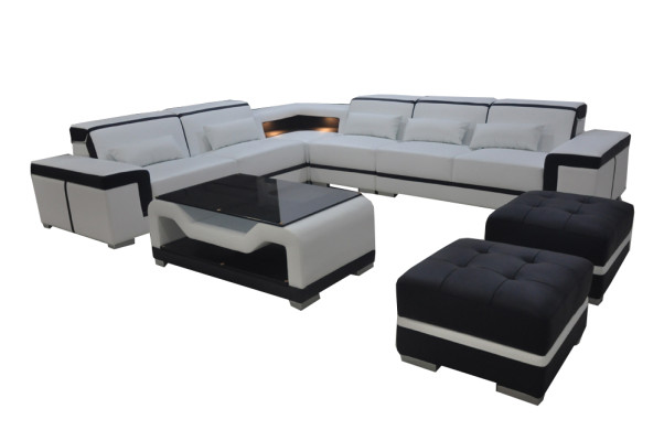 Leder Sofa mit USB Polster Eck Couch Garnitur Wohnlandschaft Tisch Hocker