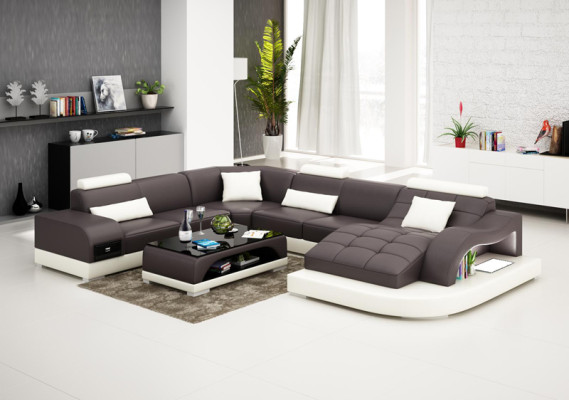 Leder Sofa mit USB Moderne Sitz Couch Polster Design Eck Wohnlandschaft Tisch