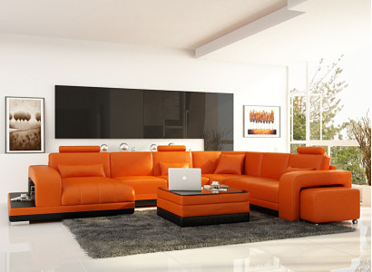 Design Leder Wohnlandschaft Eck Sofa Moderne Garnitur Couch Ecke Neu Orange USB