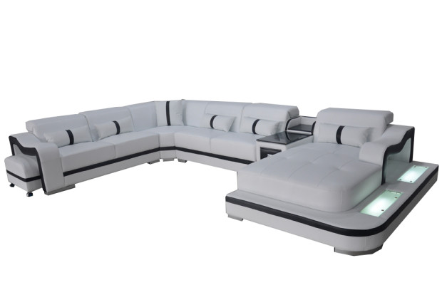 Leder Couch Polster Sitz Design Eck Garnitur Sofa Wohnlandschaft + Licht + USB