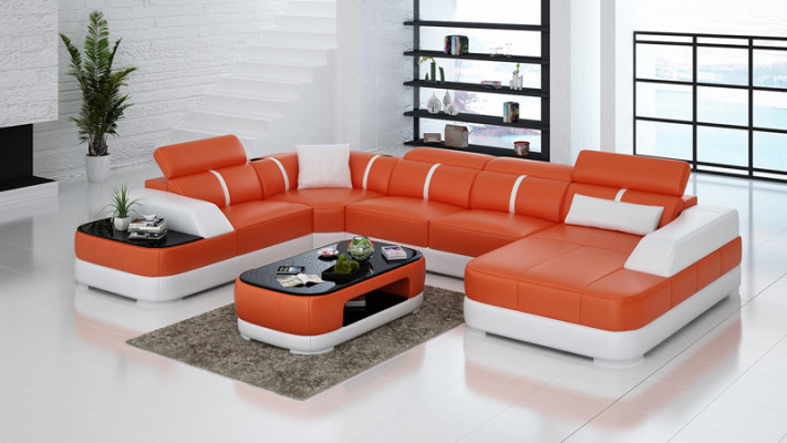 Ledersofa Polster Sitz Eck Sofa Garnitur Wohnlandschaft Wohnzimmer Couch mit USB