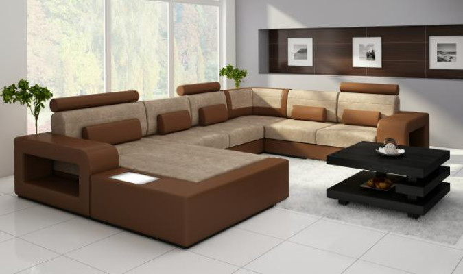 Sofa mit USB Stoff Textil Leder Sofa mit Beleuchtung Wohnlandschaft Maßfertigung