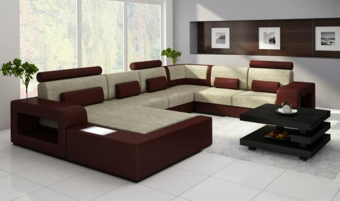 Sofa Sofagarnitur Stoff Textil Leder Sofa mit Beleuchtung Wohnlandschaft Couch !