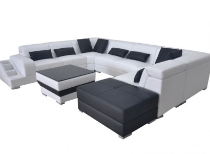 Leder Eck Sofa Wohnlandschaft Garnitur Design Modern Couch Sofas USB LED Hocker