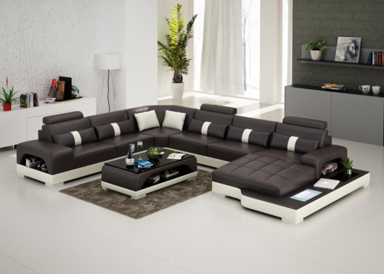 Ledersofa Couch Wohnlandschaft Ecksofa Eck Garnitur Design Modern Sofa mit USB
