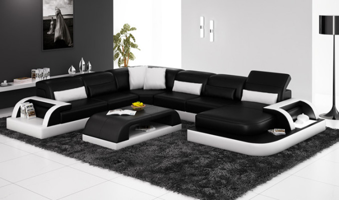 Sofa Ecksofa Design Wohnlandschaft Schwarz Polster Sitz Garnitur Ledersofa USB