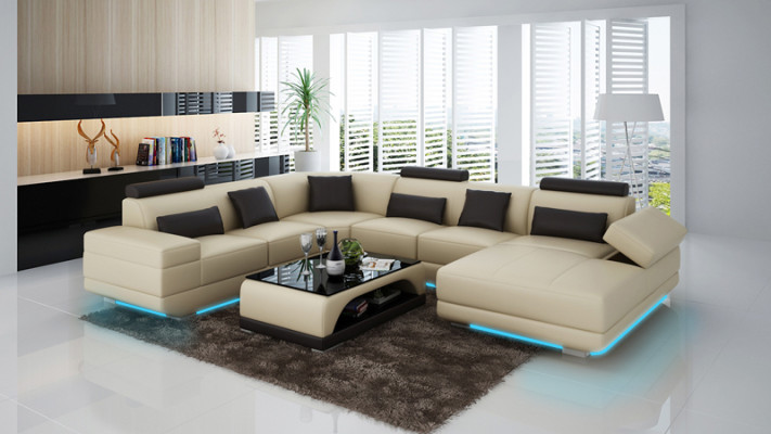 Ledersofa Couch Wohnlandschaft Ecksofa Eck Garnitur Design Modern Sofa Beige USB