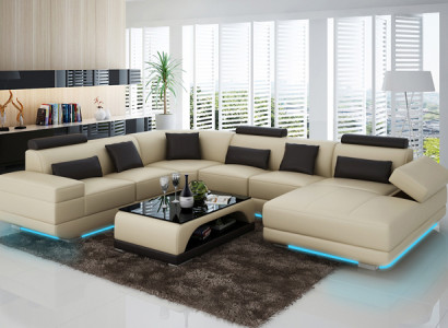 Ledersofa Couch Wohnlandschaft Ecksofa Eck Garnitur Design Modern Sofa Beige USB