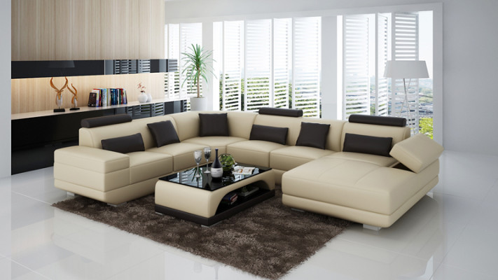 Ledersofa Couch Wohnlandschaft Ecksofa Eck Garnitur Design Modern Sofa Beige USB