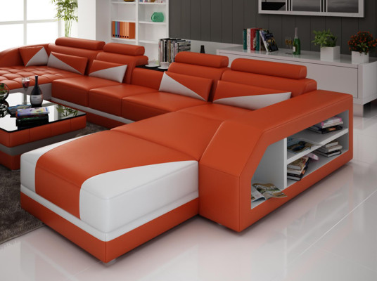 Ledersofa Couch Wohnlandschaft Ecksofa Garnitur Design Modern Sofa USB Orange