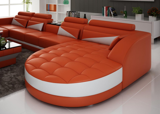 Ledersofa Couch Wohnlandschaft Ecksofa Garnitur Design Modern Sofa USB Orange