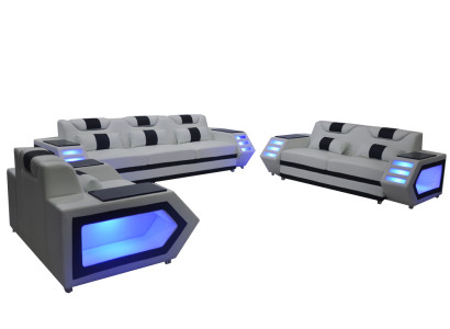 Sofa Couch Sitz Polster Komplett Gruppe Set Leder Garnitur 3+2+1 + LED + USB Neu