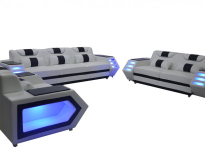 Sofa Couch Sitz Polster Komplett Gruppe Set Leder Garnitur 3+2+1 + LED + USB Neu